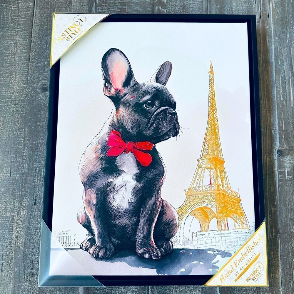 Frenchie Dog Eiffel Tower Hand Embellished Parisian Canvas Wall Art Decor